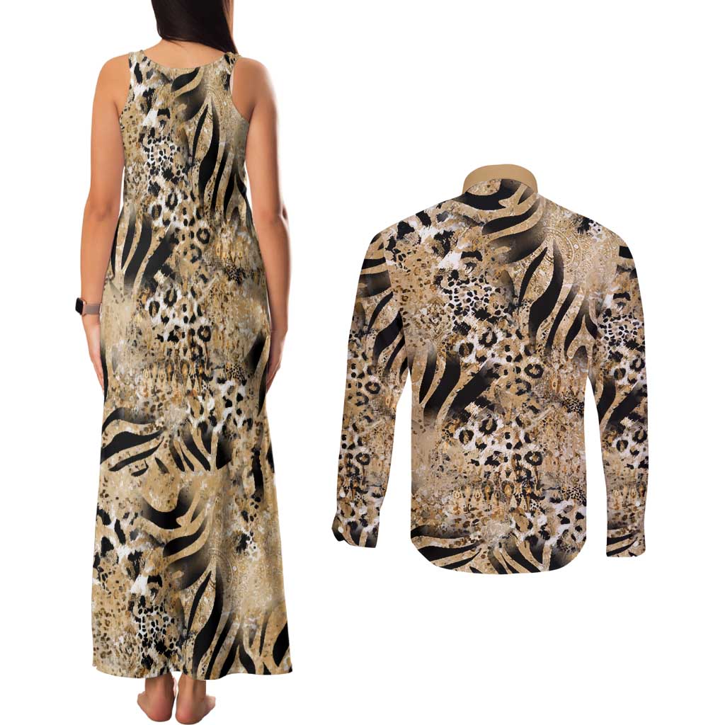 Wild Animal Skins Couples Matching Tank Maxi Dress and Long Sleeve Button Shirt Zebra Tiger Leopard Mix Skin - Wonder Print Shop