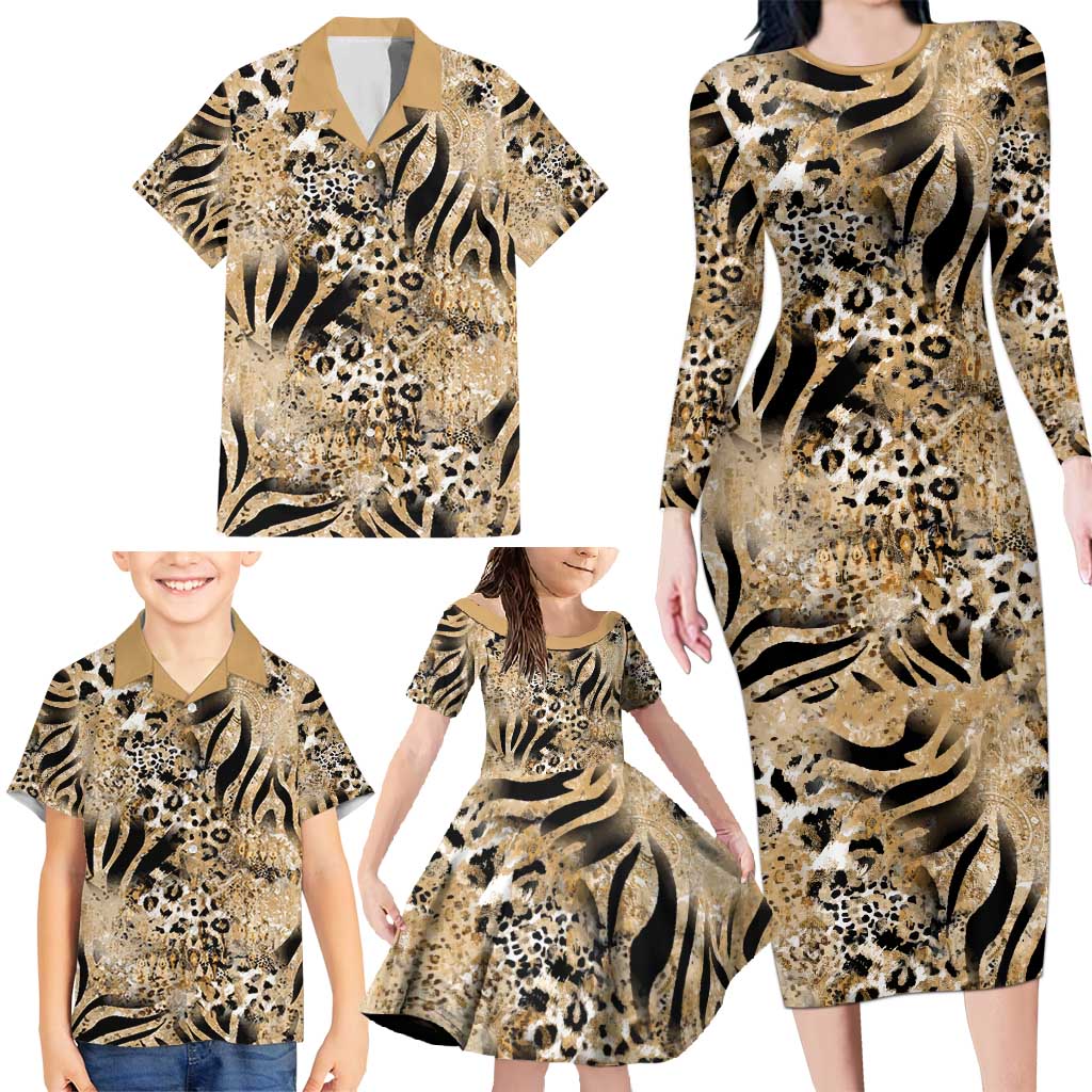 Wild Animal Skins Family Matching Long Sleeve Bodycon Dress and Hawaiian Shirt Zebra Tiger Leopard Mix Skin - Wonder Print Shop
