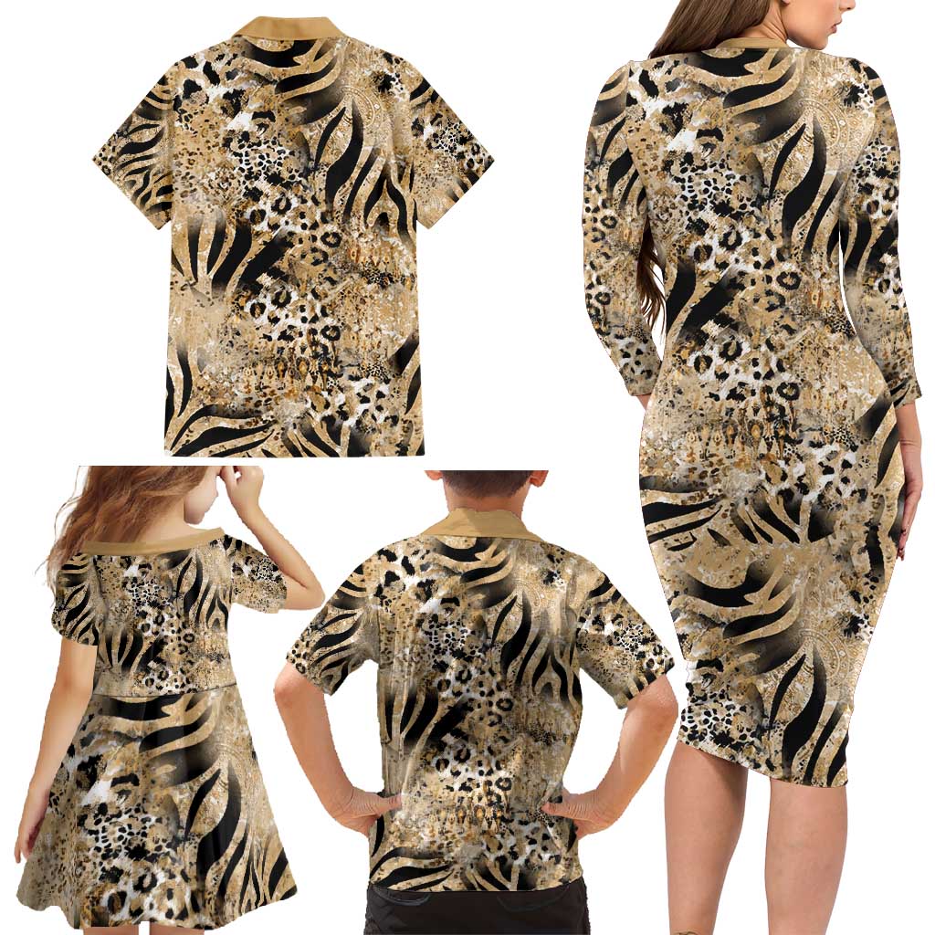 Wild Animal Skins Family Matching Long Sleeve Bodycon Dress and Hawaiian Shirt Zebra Tiger Leopard Mix Skin - Wonder Print Shop