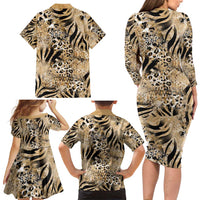 Wild Animal Skins Family Matching Long Sleeve Bodycon Dress and Hawaiian Shirt Zebra Tiger Leopard Mix Skin - Wonder Print Shop
