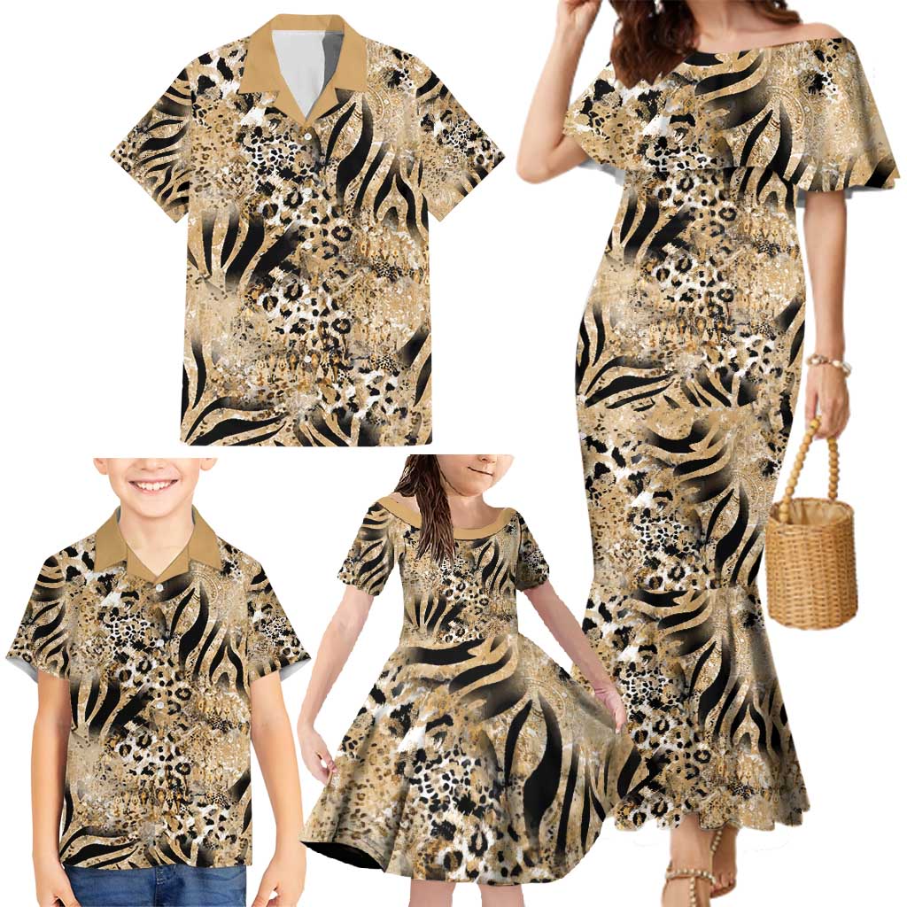 Wild Animal Skins Family Matching Mermaid Dress and Hawaiian Shirt Zebra Tiger Leopard Mix Skin - Wonder Print Shop
