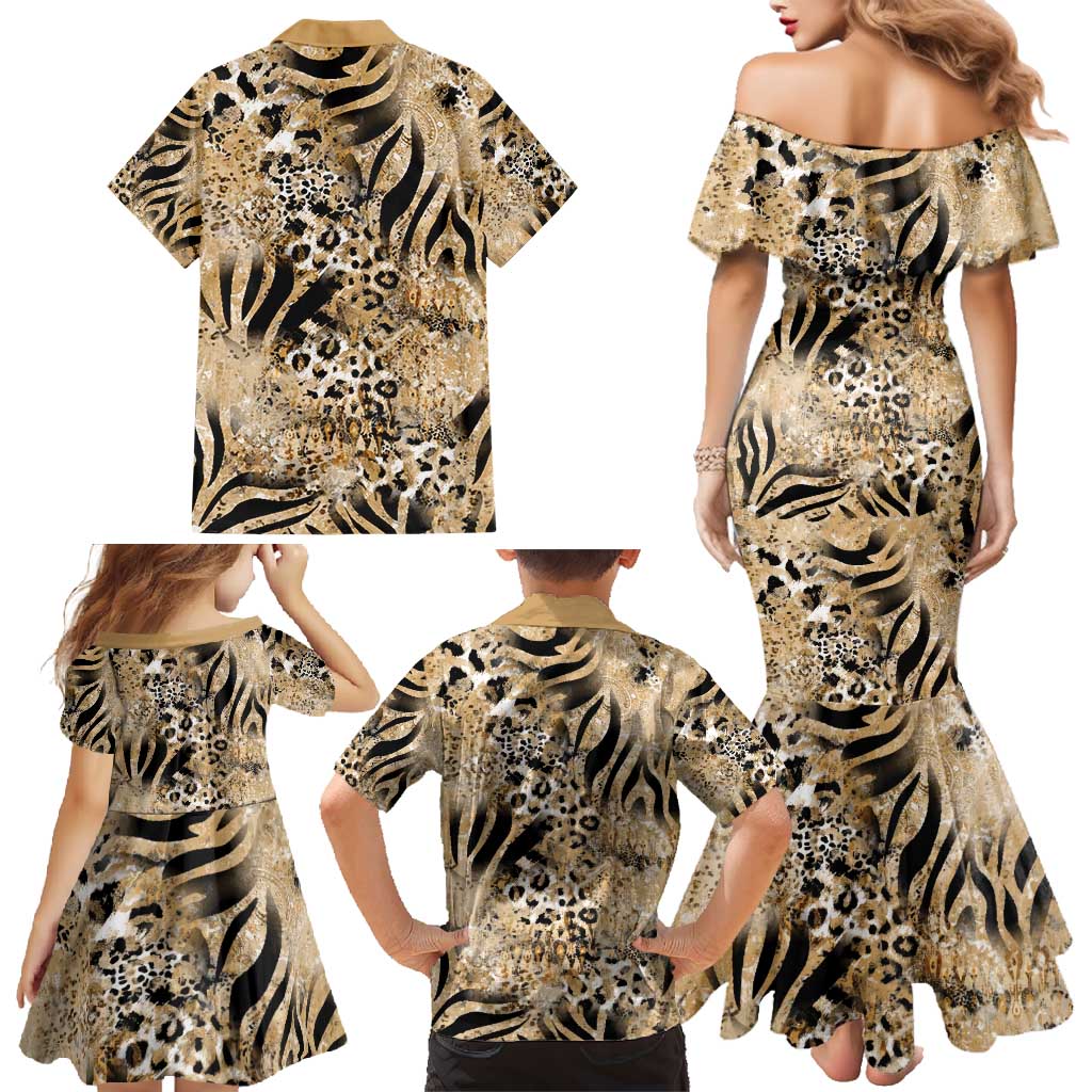 Wild Animal Skins Family Matching Mermaid Dress and Hawaiian Shirt Zebra Tiger Leopard Mix Skin - Wonder Print Shop