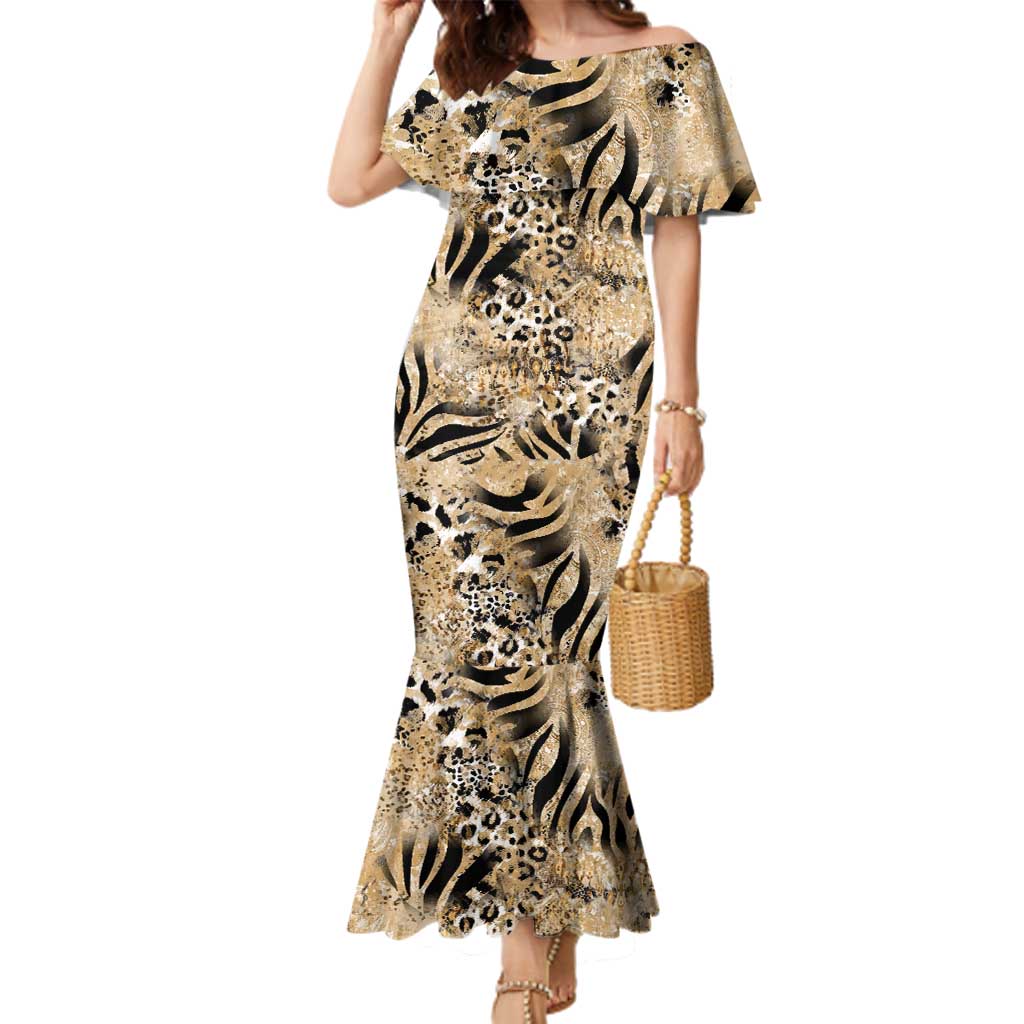 Wild Animal Skins Family Matching Mermaid Dress and Hawaiian Shirt Zebra Tiger Leopard Mix Skin - Wonder Print Shop