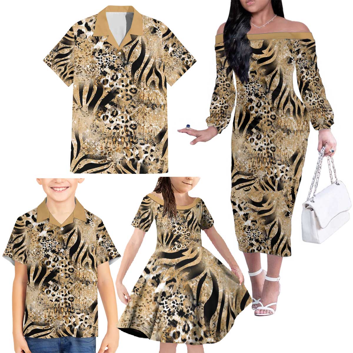 Wild Animal Skins Family Matching Off The Shoulder Long Sleeve Dress and Hawaiian Shirt Zebra Tiger Leopard Mix Skin - Wonder Print Shop