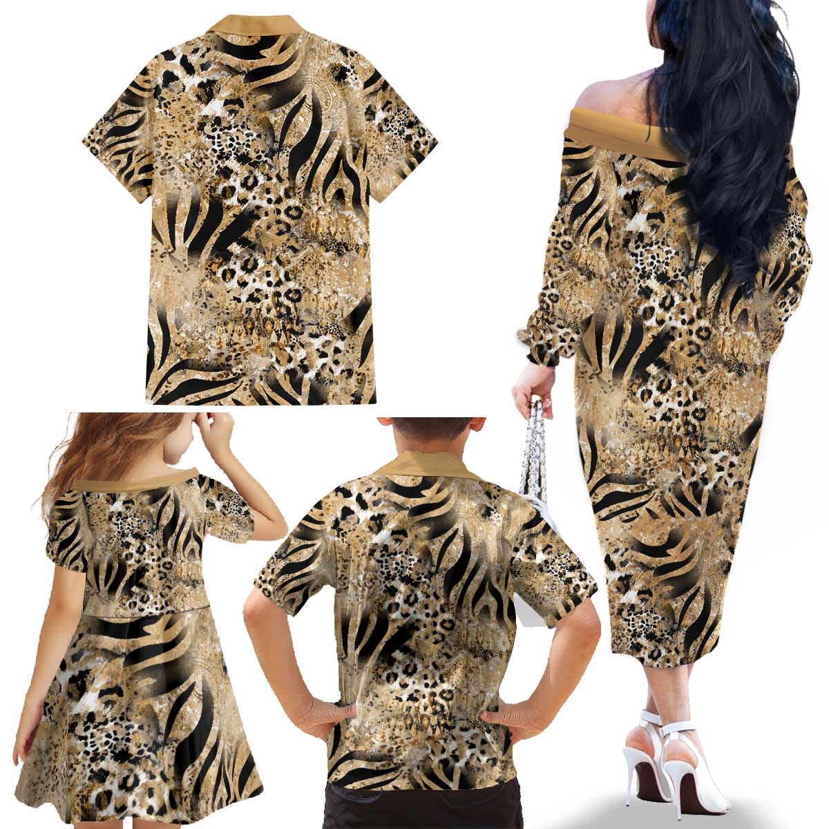 Wild Animal Skins Family Matching Off The Shoulder Long Sleeve Dress and Hawaiian Shirt Zebra Tiger Leopard Mix Skin - Wonder Print Shop