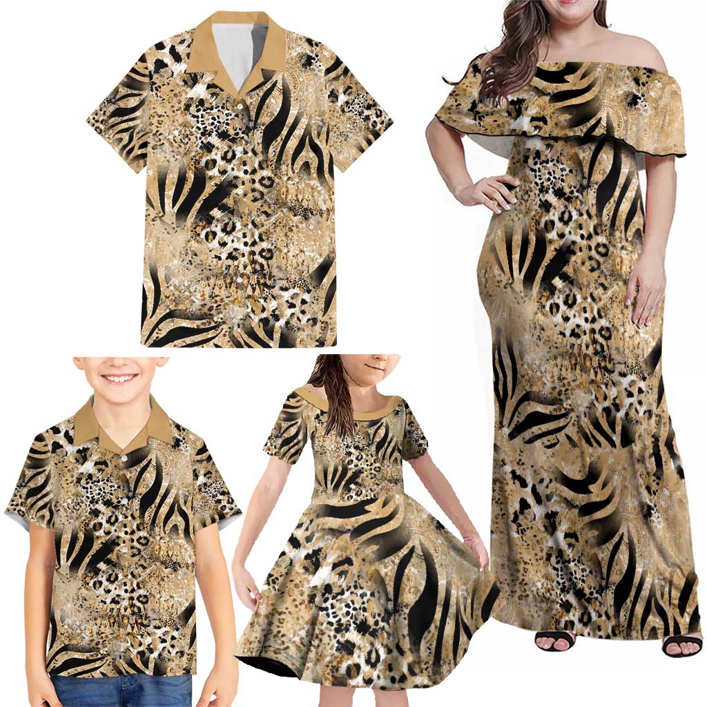 Wild Animal Skins Family Matching Off Shoulder Maxi Dress and Hawaiian Shirt Zebra Tiger Leopard Mix Skin - Wonder Print Shop