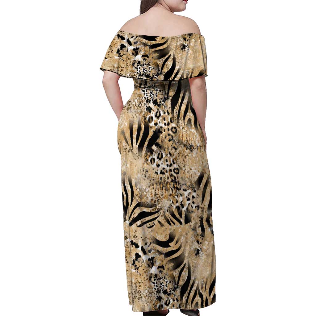 Wild Animal Skins Family Matching Off Shoulder Maxi Dress and Hawaiian Shirt Zebra Tiger Leopard Mix Skin - Wonder Print Shop