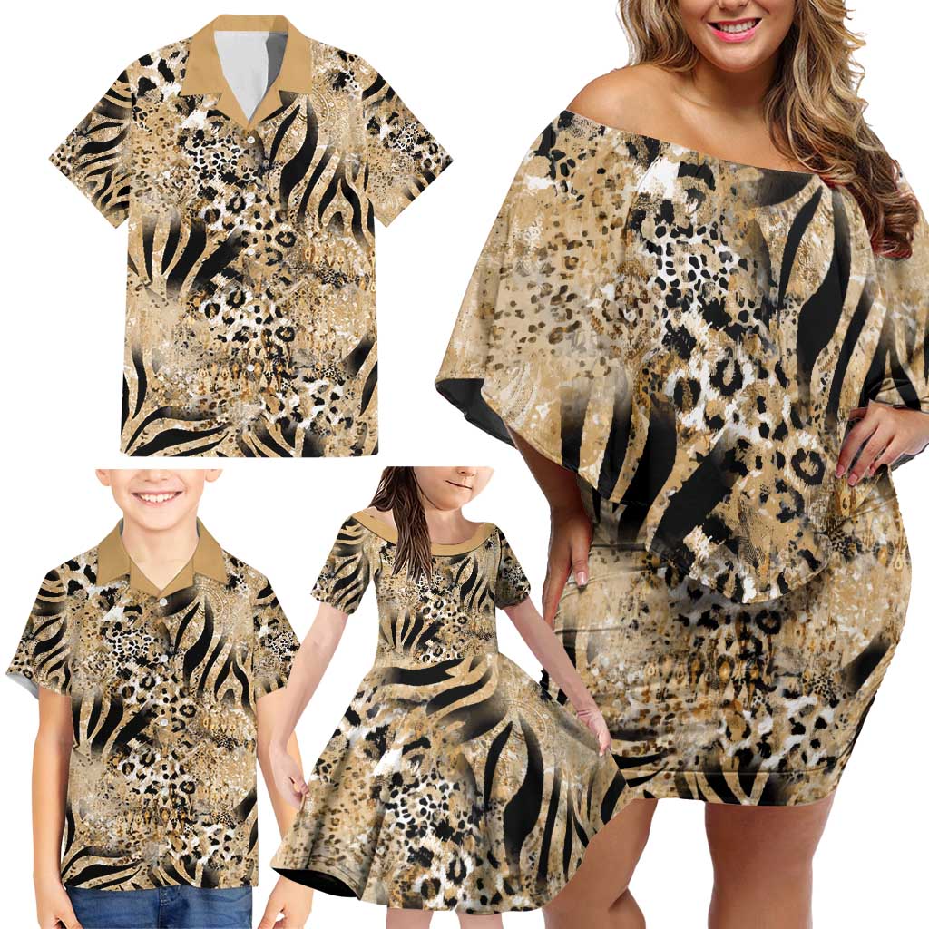 Wild Animal Skins Family Matching Off Shoulder Short Dress and Hawaiian Shirt Zebra Tiger Leopard Mix Skin - Wonder Print Shop