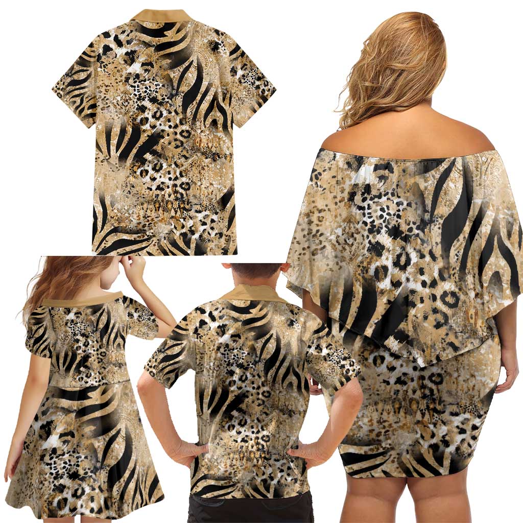 Wild Animal Skins Family Matching Off Shoulder Short Dress and Hawaiian Shirt Zebra Tiger Leopard Mix Skin - Wonder Print Shop