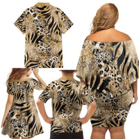 Wild Animal Skins Family Matching Off Shoulder Short Dress and Hawaiian Shirt Zebra Tiger Leopard Mix Skin - Wonder Print Shop