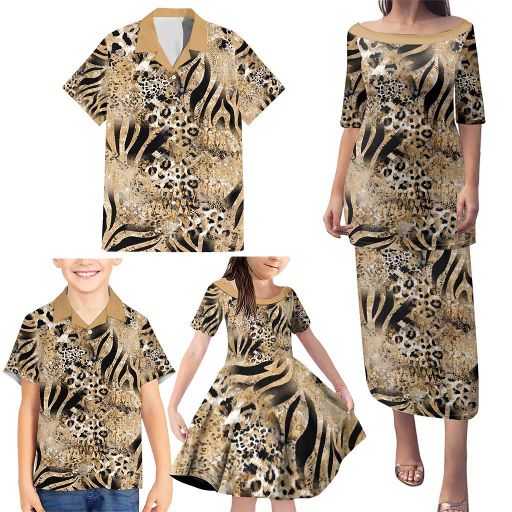 Wild Animal Skins Family Matching Puletasi and Hawaiian Shirt Zebra Tiger Leopard Mix Skin - Wonder Print Shop