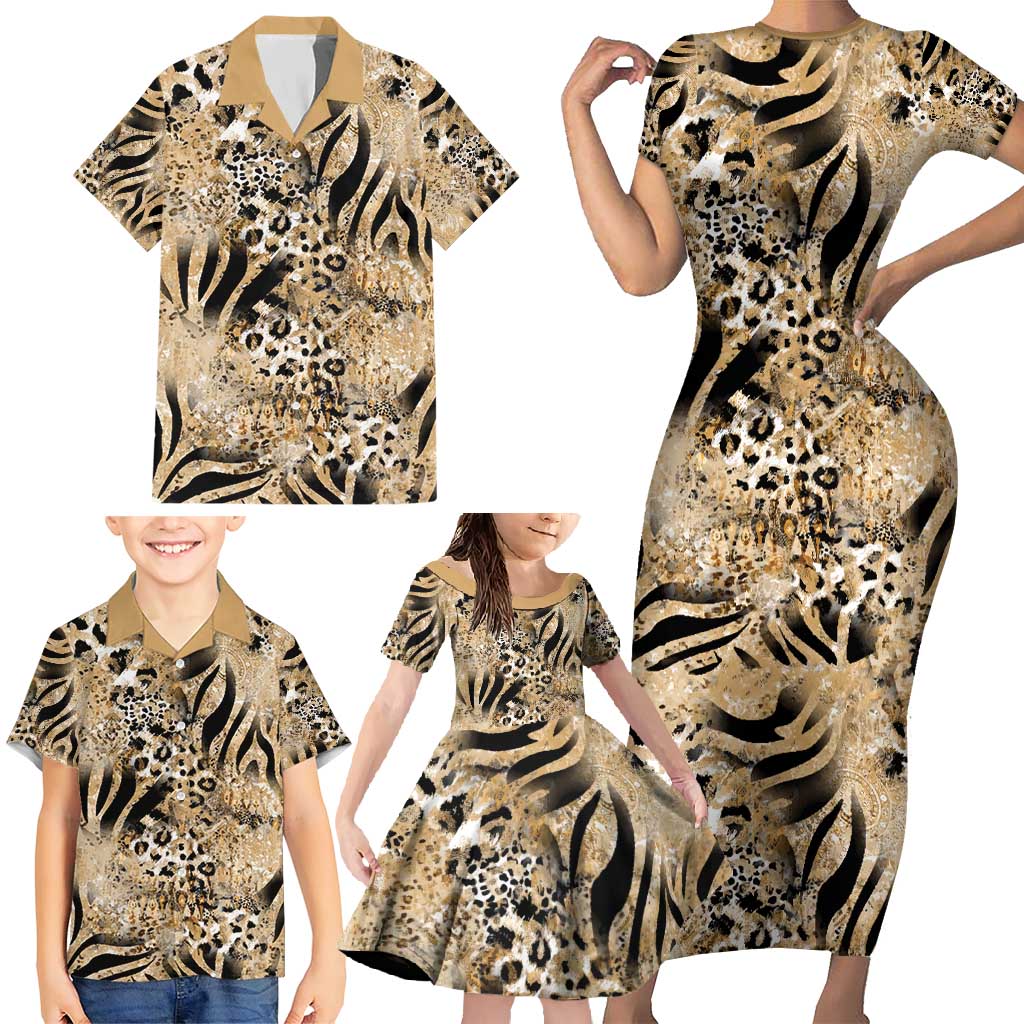 Wild Animal Skins Family Matching Short Sleeve Bodycon Dress and Hawaiian Shirt Zebra Tiger Leopard Mix Skin - Wonder Print Shop