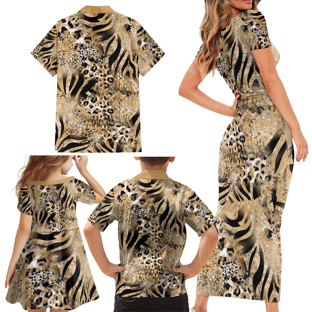 Wild Animal Skins Family Matching Short Sleeve Bodycon Dress and Hawaiian Shirt Zebra Tiger Leopard Mix Skin - Wonder Print Shop