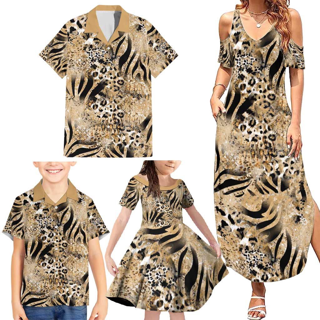 Wild Animal Skins Family Matching Summer Maxi Dress and Hawaiian Shirt Zebra Tiger Leopard Mix Skin - Wonder Print Shop