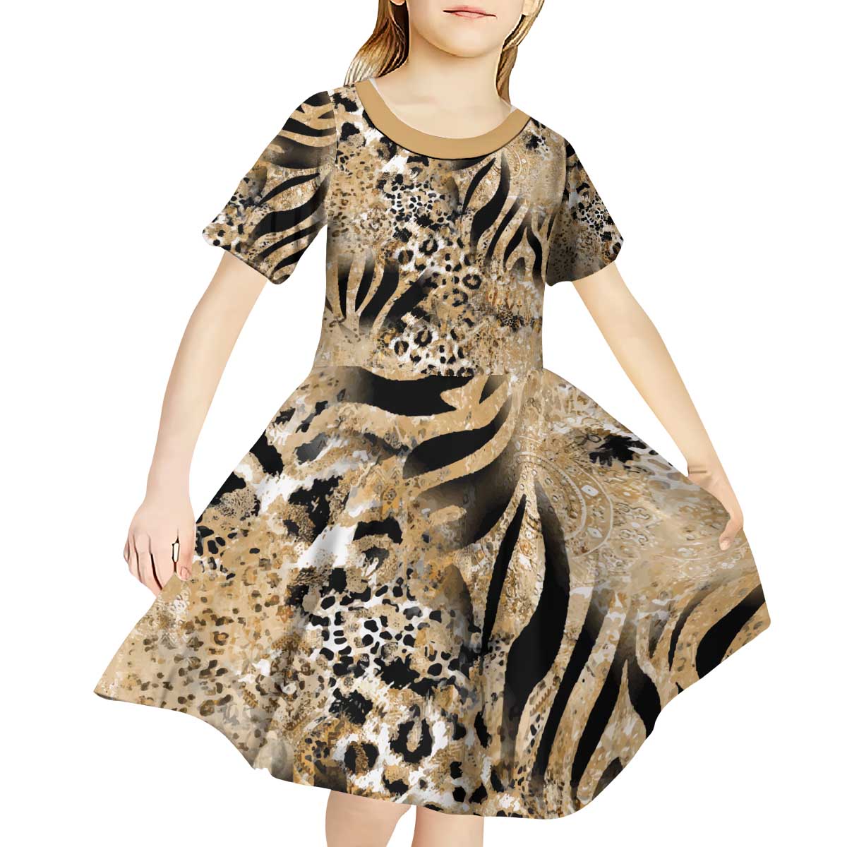Wild Animal Skins Kid Short Sleeve Dress Zebra Tiger Leopard Mix Skin - Wonder Print Shop