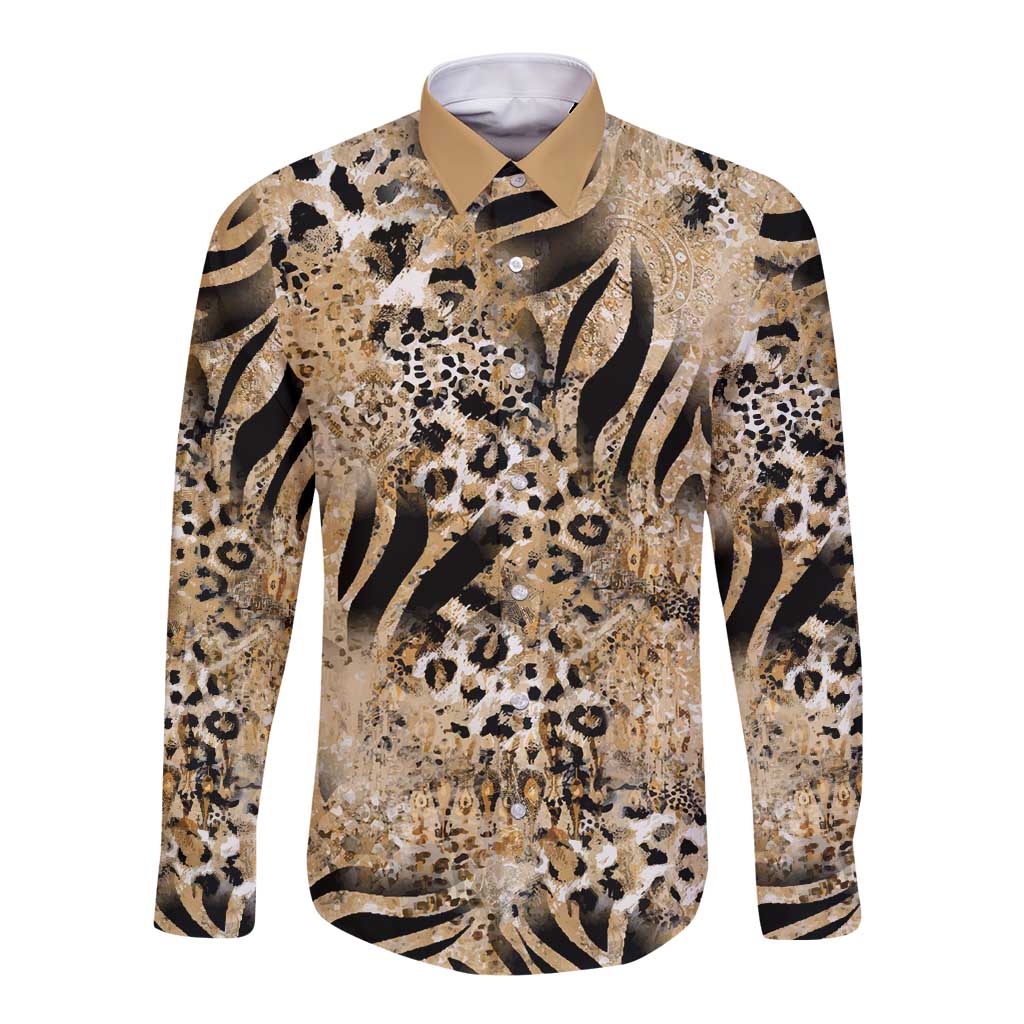 Wild Animal Skins Long Sleeve Button Shirt Zebra Tiger Leopard Mix Skin - Wonder Print Shop