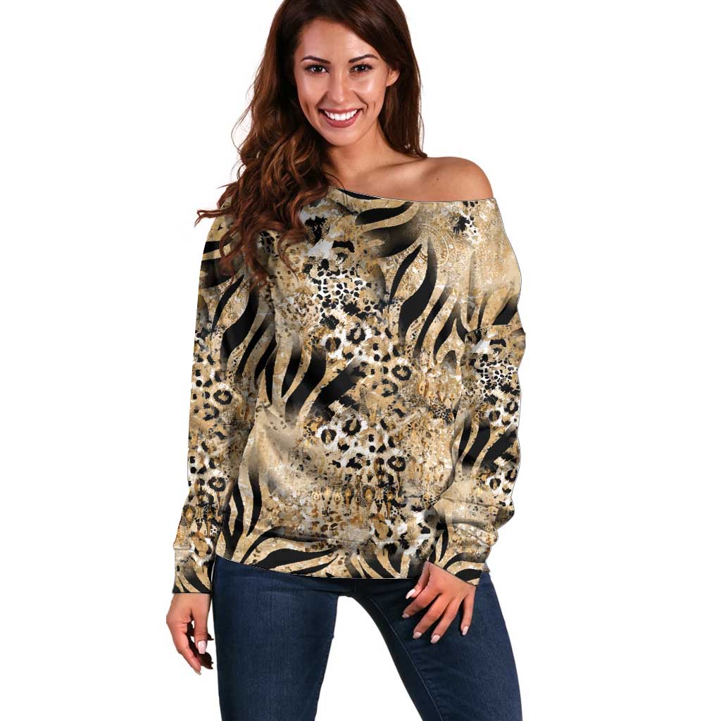 Wild Animal Skins Off Shoulder Sweater Zebra Tiger Leopard Mix Skin - Wonder Print Shop