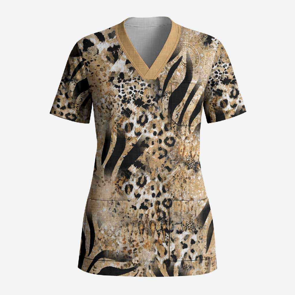 African Wild Animal Skins Scrub Top Zebra Tiger Leopard Mix Skin