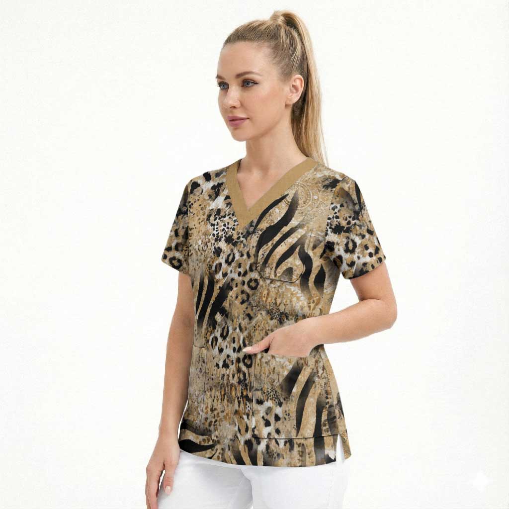 African Wild Animal Skins Scrub Top Zebra Tiger Leopard Mix Skin