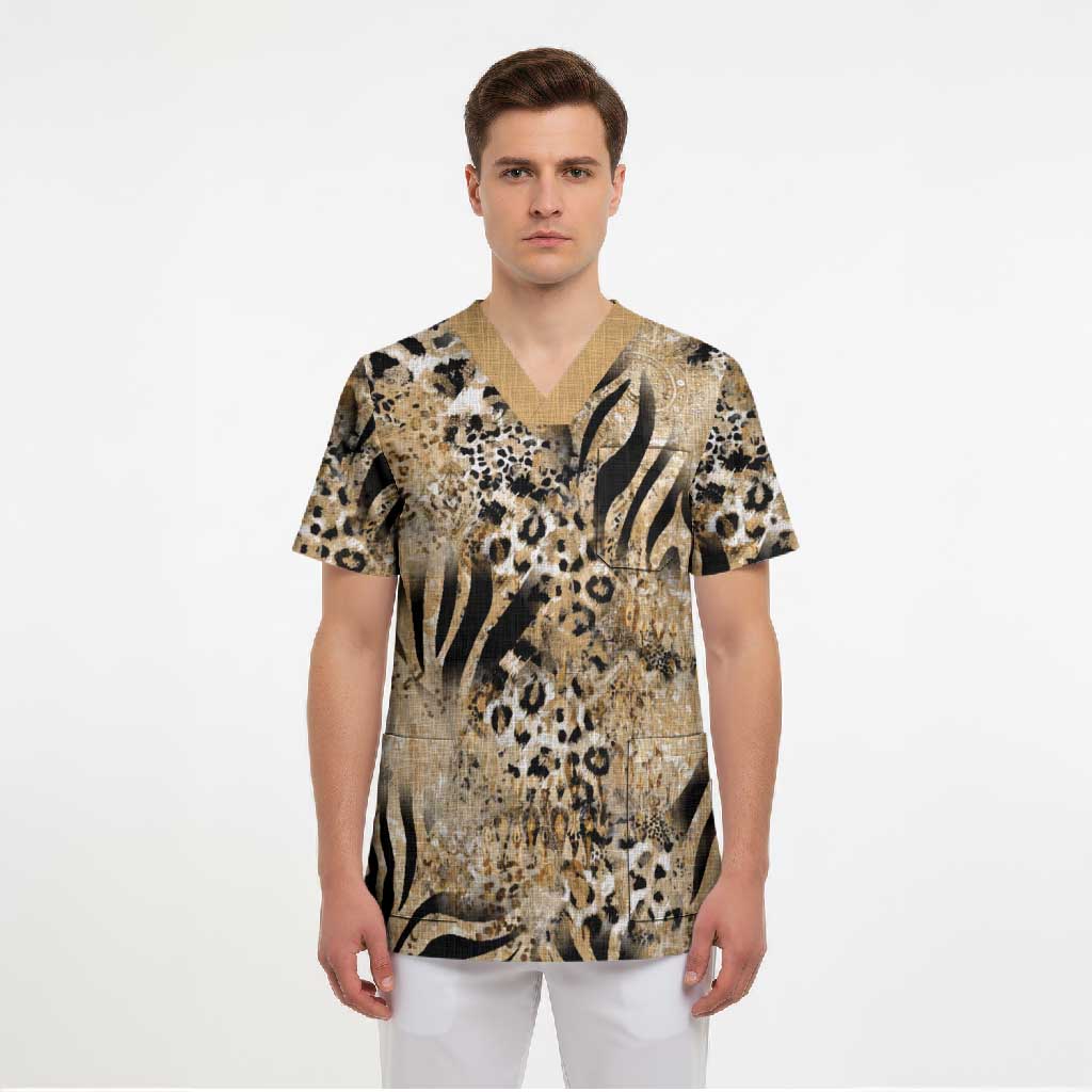African Wild Animal Skins Scrub Top Zebra Tiger Leopard Mix Skin