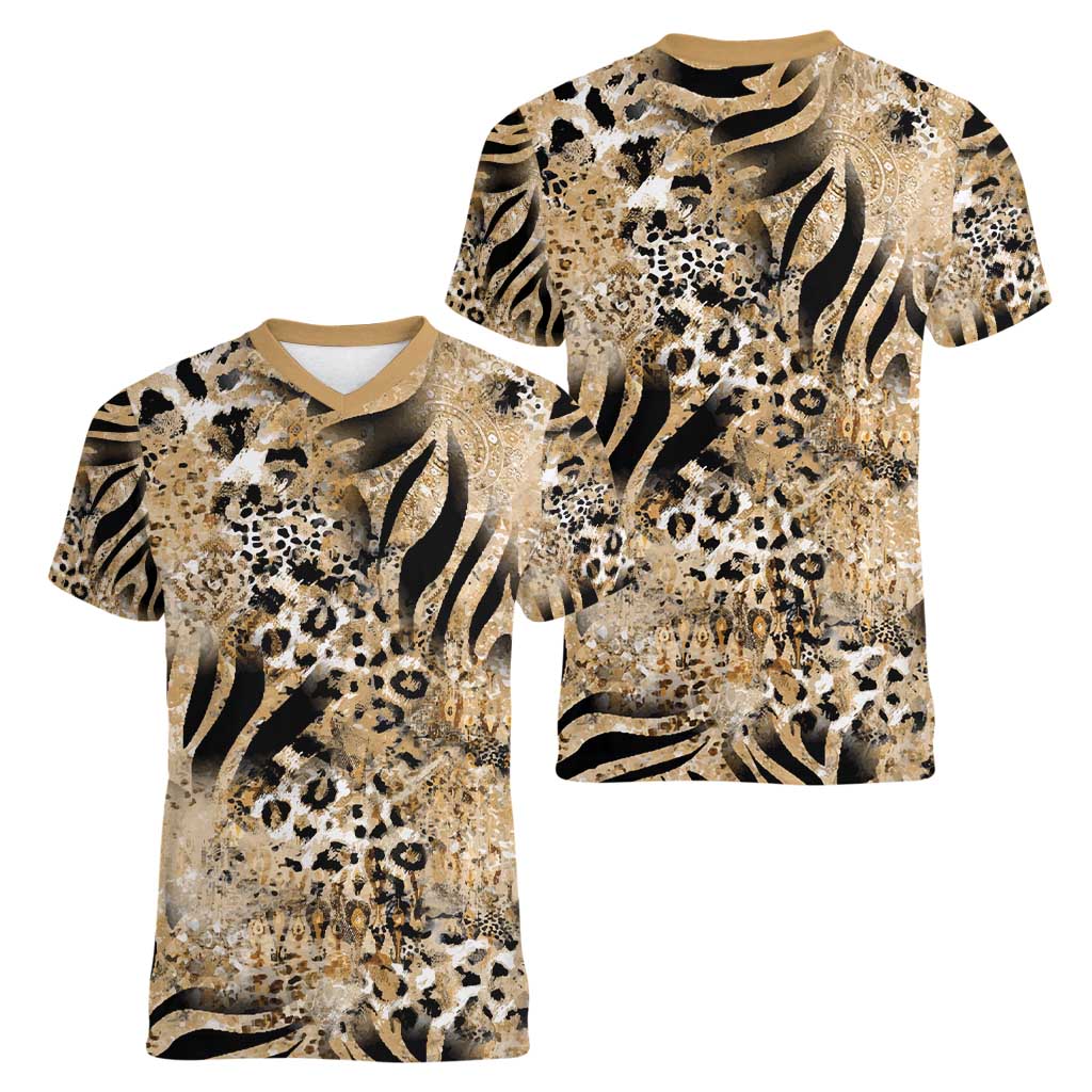 Wild Animal Skins Women V-Neck T-Shirt Zebra Tiger Leopard Mix Skin - Wonder Print Shop