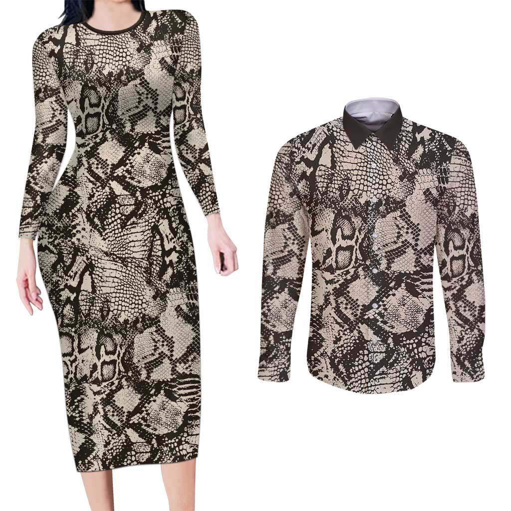 Wild Animal Skins Couples Matching Long Sleeve Bodycon Dress and Long Sleeve Button Shirt Snake and Crocodile Mix Skin - Wonder Print Shop
