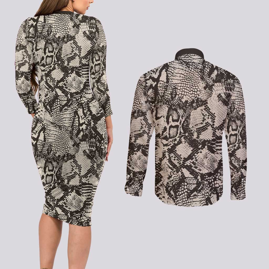 Wild Animal Skins Couples Matching Long Sleeve Bodycon Dress and Long Sleeve Button Shirt Snake and Crocodile Mix Skin - Wonder Print Shop