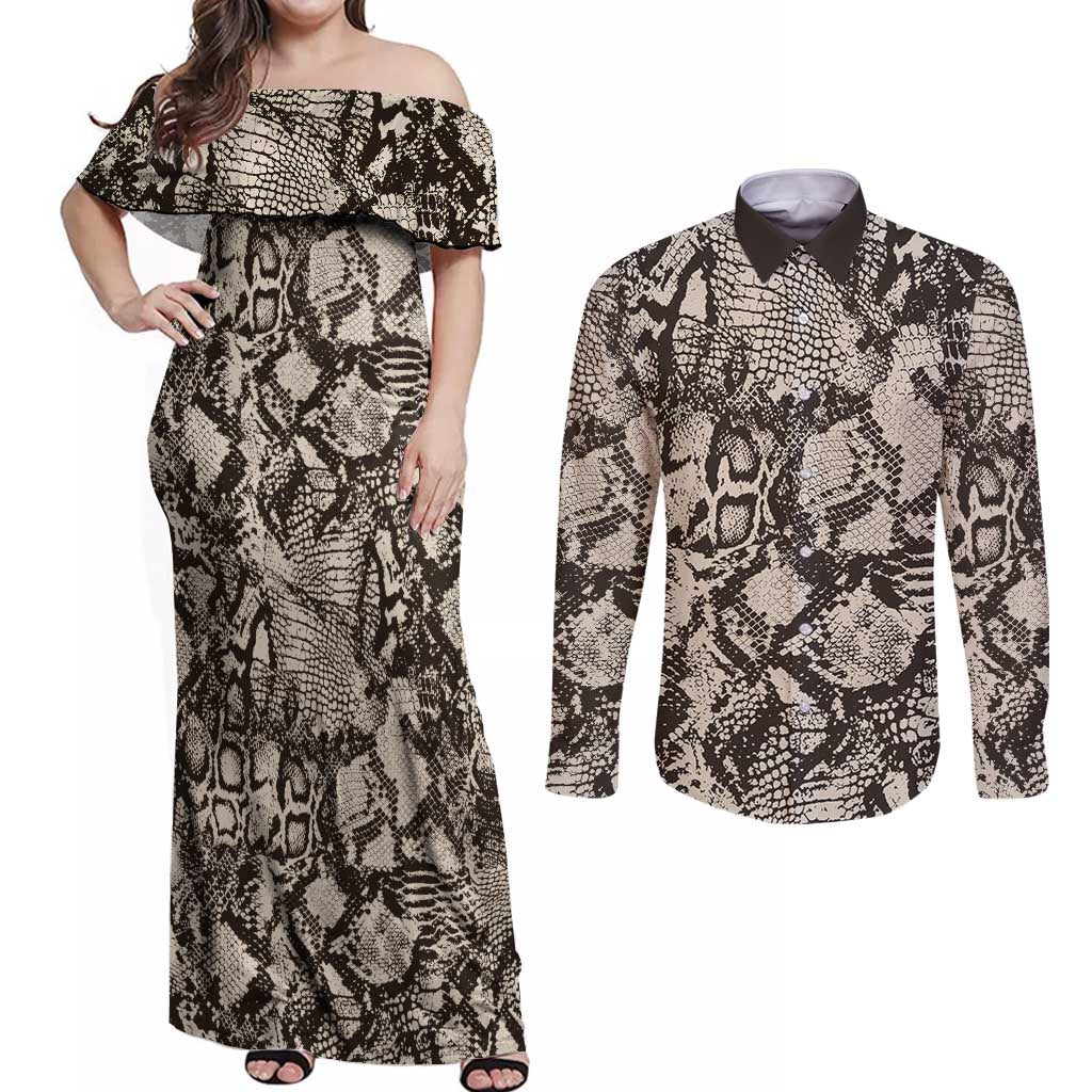 Wild Animal Skins Couples Matching Off Shoulder Maxi Dress and Long Sleeve Button Shirt Snake and Crocodile Mix Skin - Wonder Print Shop