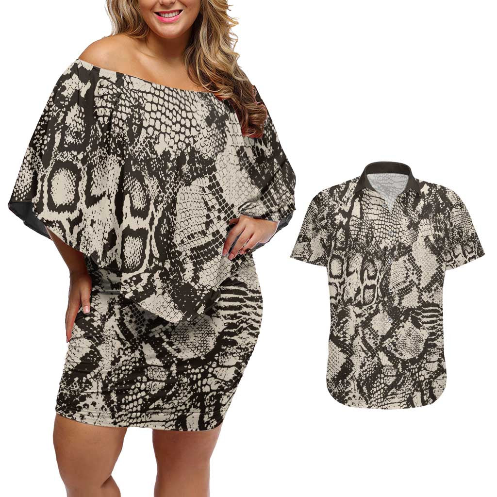 Wild Animal Skins Couples Matching Off Shoulder Short Dress and Hawaiian Shirt Snake and Crocodile Mix Skin - Wonder Print Shop