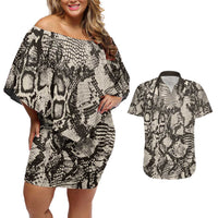 Wild Animal Skins Couples Matching Off Shoulder Short Dress and Hawaiian Shirt Snake and Crocodile Mix Skin - Wonder Print Shop