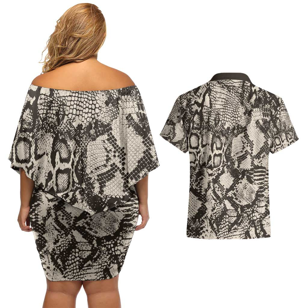 Wild Animal Skins Couples Matching Off Shoulder Short Dress and Hawaiian Shirt Snake and Crocodile Mix Skin - Wonder Print Shop