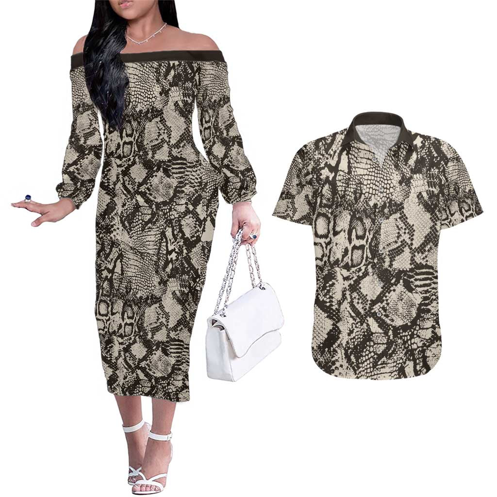 Wild Animal Skins Couples Matching Off The Shoulder Long Sleeve Dress and Hawaiian Shirt Snake and Crocodile Mix Skin - Wonder Print Shop