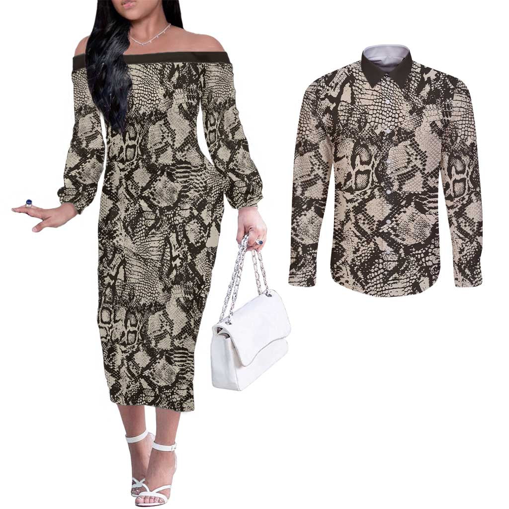 Wild Animal Skins Couples Matching Off The Shoulder Long Sleeve Dress and Long Sleeve Button Shirt Snake and Crocodile Mix Skin - Wonder Print Shop