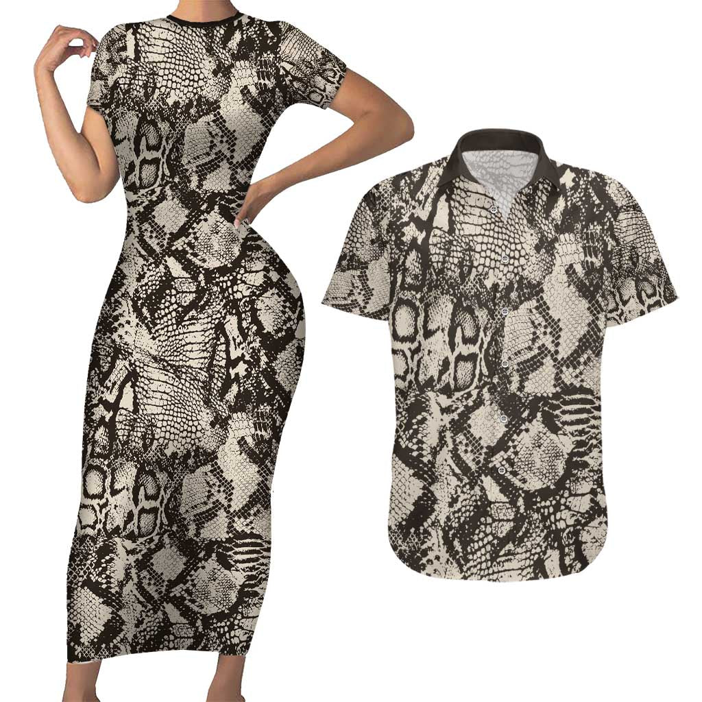 Wild Animal Skins Couples Matching Short Sleeve Bodycon Dress and Hawaiian Shirt Snake and Crocodile Mix Skin - Wonder Print Shop