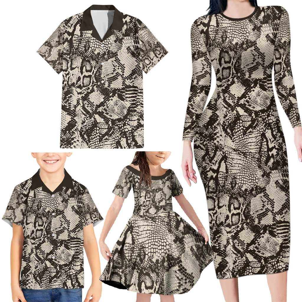 Wild Animal Skins Family Matching Long Sleeve Bodycon Dress and Hawaiian Shirt Snake and Crocodile Mix Skin - Wonder Print Shop