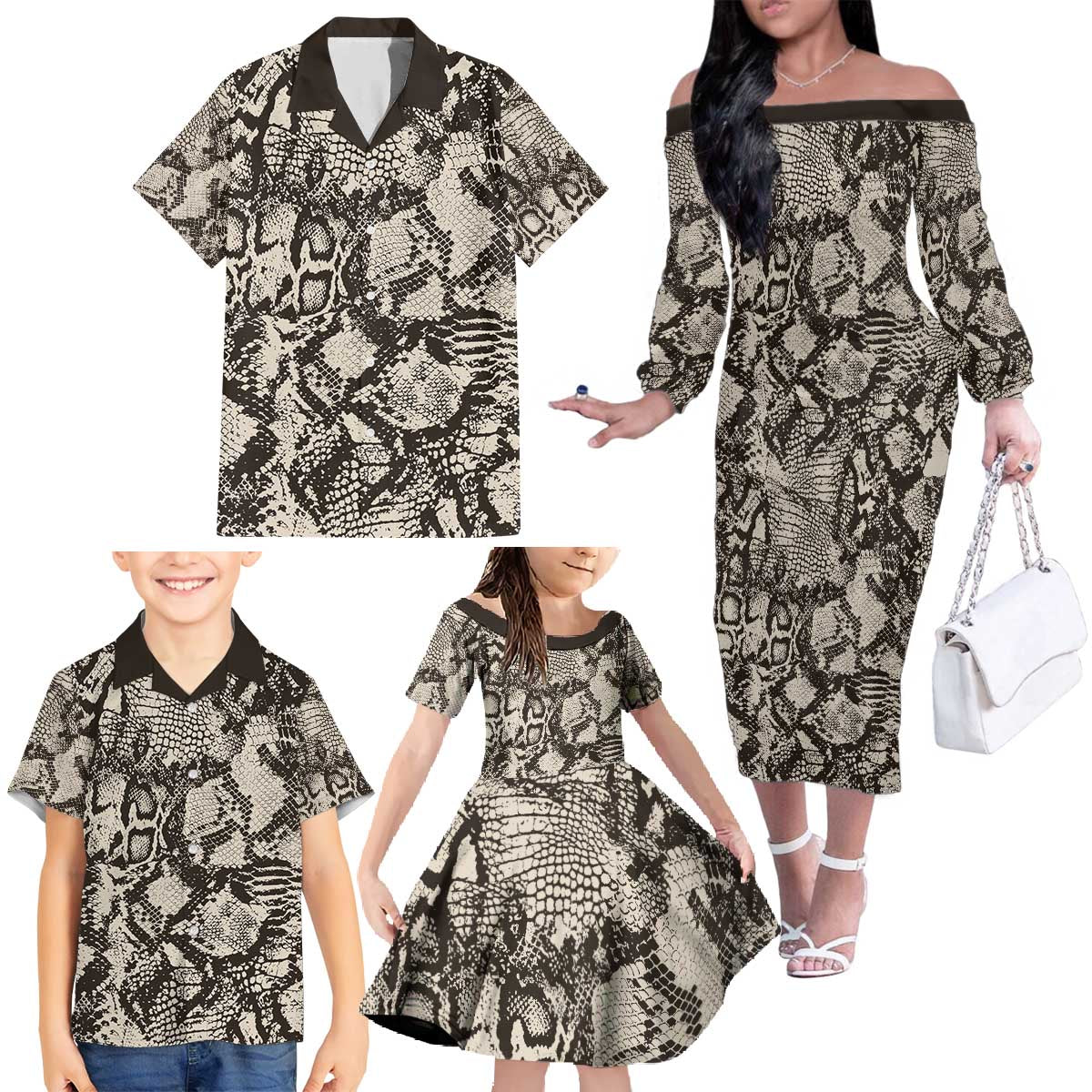 Wild Animal Skins Family Matching Off The Shoulder Long Sleeve Dress and Hawaiian Shirt Snake and Crocodile Mix Skin - Wonder Print Shop