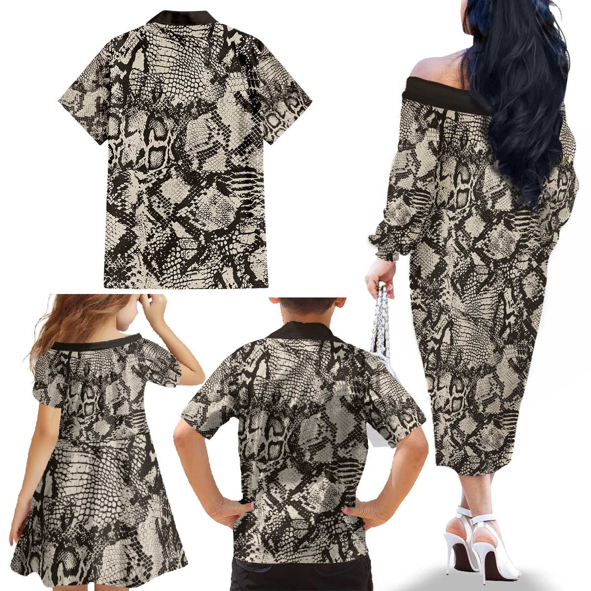 Wild Animal Skins Family Matching Off The Shoulder Long Sleeve Dress and Hawaiian Shirt Snake and Crocodile Mix Skin - Wonder Print Shop