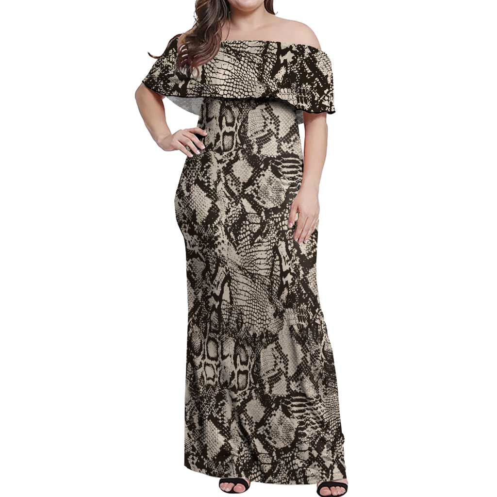 Wild Animal Skins Off Shoulder Maxi Dress Snake and Crocodile Mix Skin - Wonder Print Shop