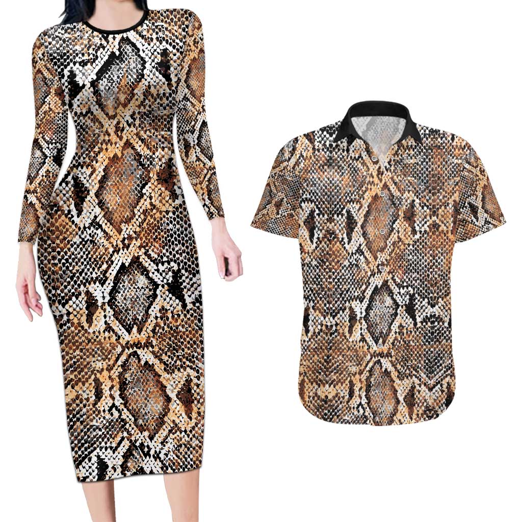 Wild Animal Skins Couples Matching Long Sleeve Bodycon Dress and Hawaiian Shirt Vintage Snake Skin Pattern - Wonder Print Shop