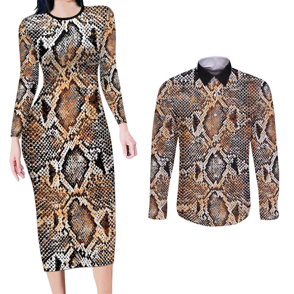 Wild Animal Skins Couples Matching Long Sleeve Bodycon Dress and Long Sleeve Button Shirt Vintage Snake Skin Pattern - Wonder Print Shop