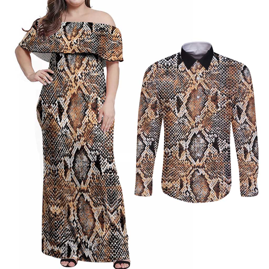 Wild Animal Skins Couples Matching Off Shoulder Maxi Dress and Long Sleeve Button Shirt Vintage Snake Skin Pattern - Wonder Print Shop