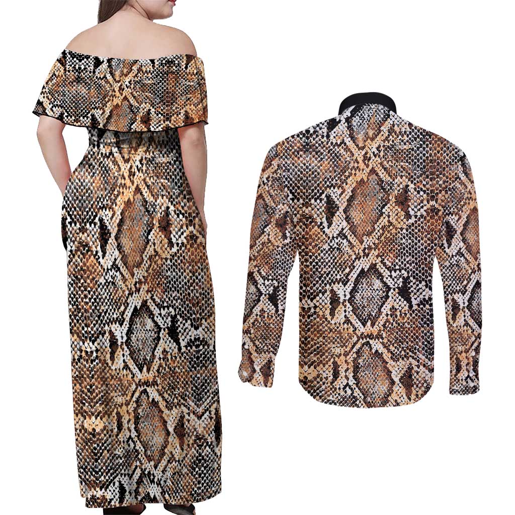 Wild Animal Skins Couples Matching Off Shoulder Maxi Dress and Long Sleeve Button Shirt Vintage Snake Skin Pattern - Wonder Print Shop