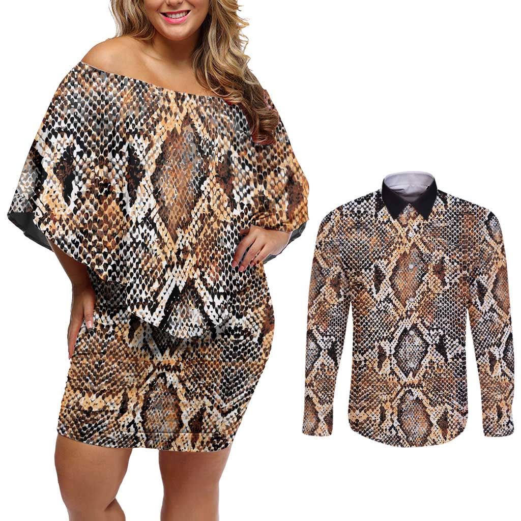 Wild Animal Skins Couples Matching Off Shoulder Short Dress and Long Sleeve Button Shirt Vintage Snake Skin Pattern - Wonder Print Shop