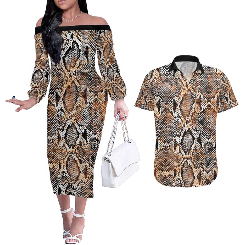 Wild Animal Skins Couples Matching Off The Shoulder Long Sleeve Dress and Hawaiian Shirt Vintage Snake Skin Pattern - Wonder Print Shop