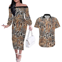 Wild Animal Skins Couples Matching Off The Shoulder Long Sleeve Dress and Hawaiian Shirt Vintage Snake Skin Pattern - Wonder Print Shop