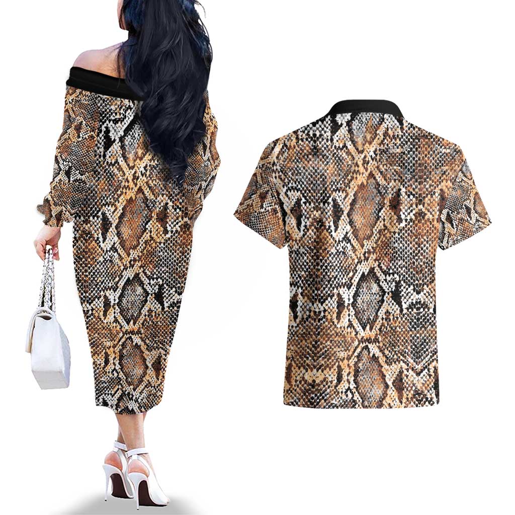 Wild Animal Skins Couples Matching Off The Shoulder Long Sleeve Dress and Hawaiian Shirt Vintage Snake Skin Pattern - Wonder Print Shop