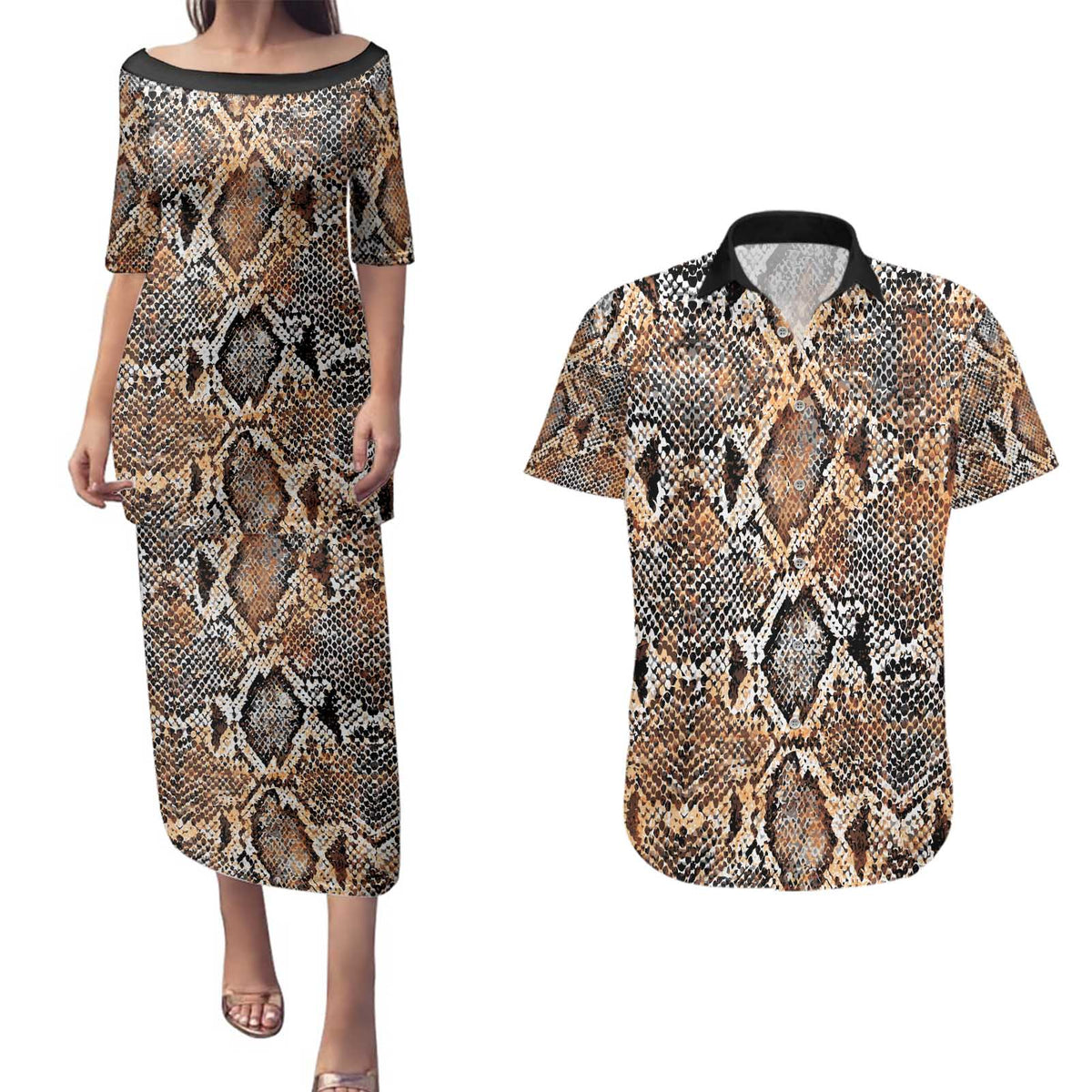 Wild Animal Skins Couples Matching Puletasi and Hawaiian Shirt Vintage Snake Skin Pattern - Wonder Print Shop