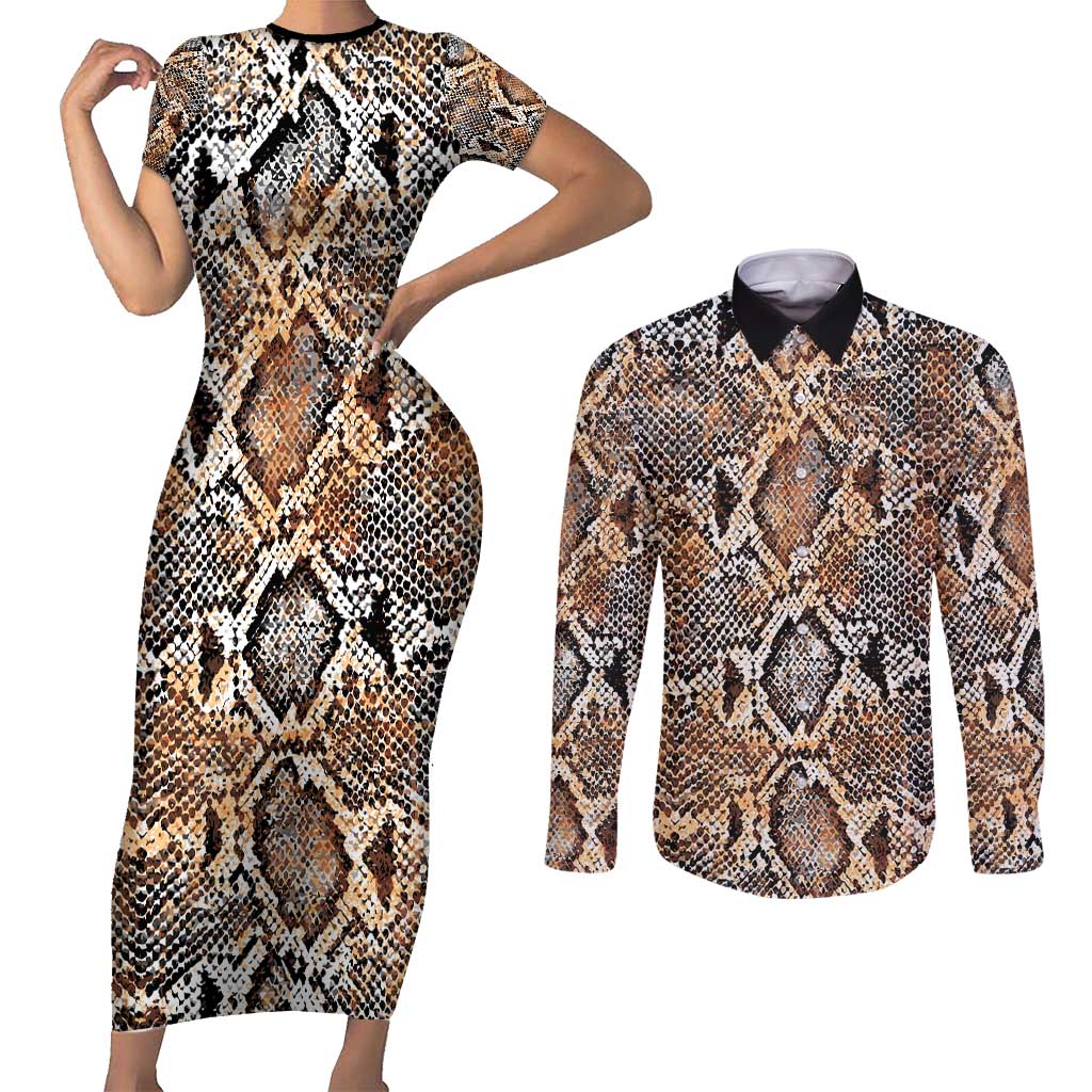 Wild Animal Skins Couples Matching Short Sleeve Bodycon Dress and Long Sleeve Button Shirt Vintage Snake Skin Pattern - Wonder Print Shop