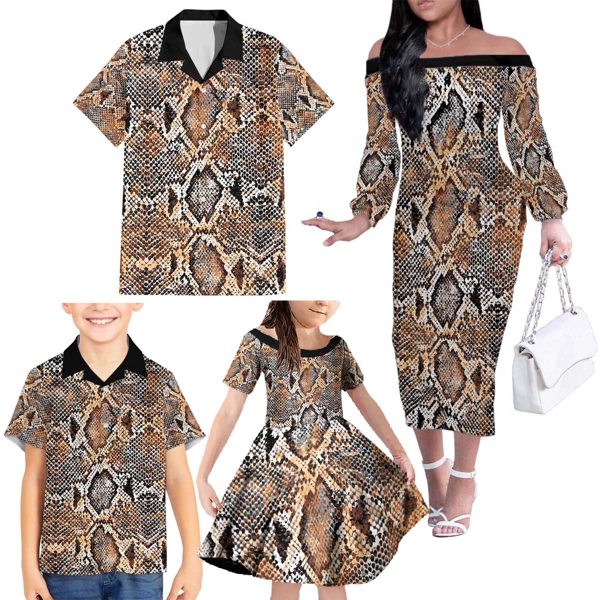 Wild Animal Skins Family Matching Off The Shoulder Long Sleeve Dress and Hawaiian Shirt Vintage Snake Skin Pattern - Wonder Print Shop