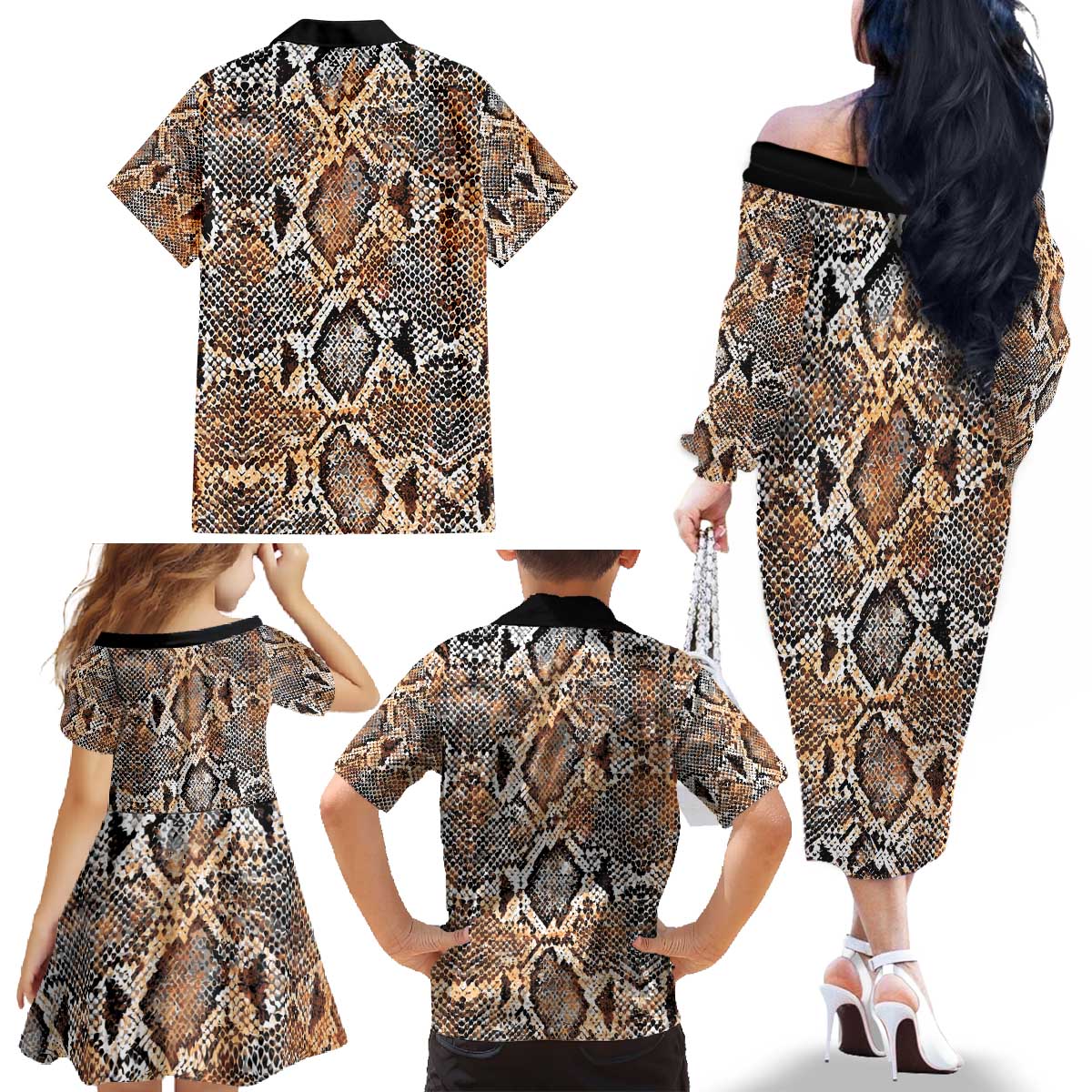 Wild Animal Skins Family Matching Off The Shoulder Long Sleeve Dress and Hawaiian Shirt Vintage Snake Skin Pattern - Wonder Print Shop